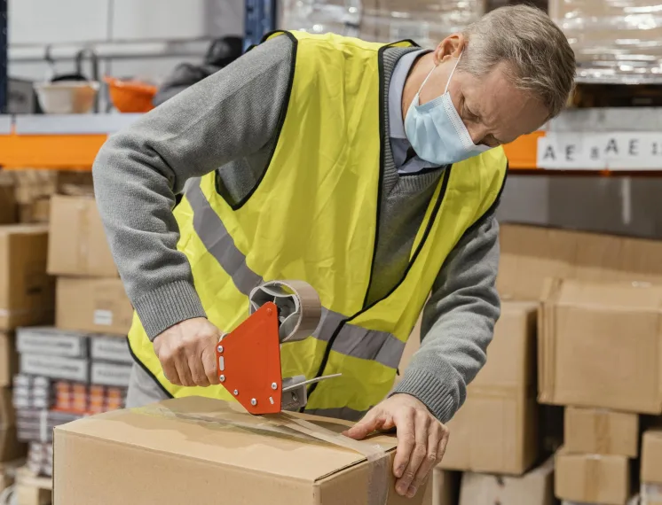 Trabalhador aplicando fita adesiva industrial para fechar uma caixa em um ambiente de armazenamento.