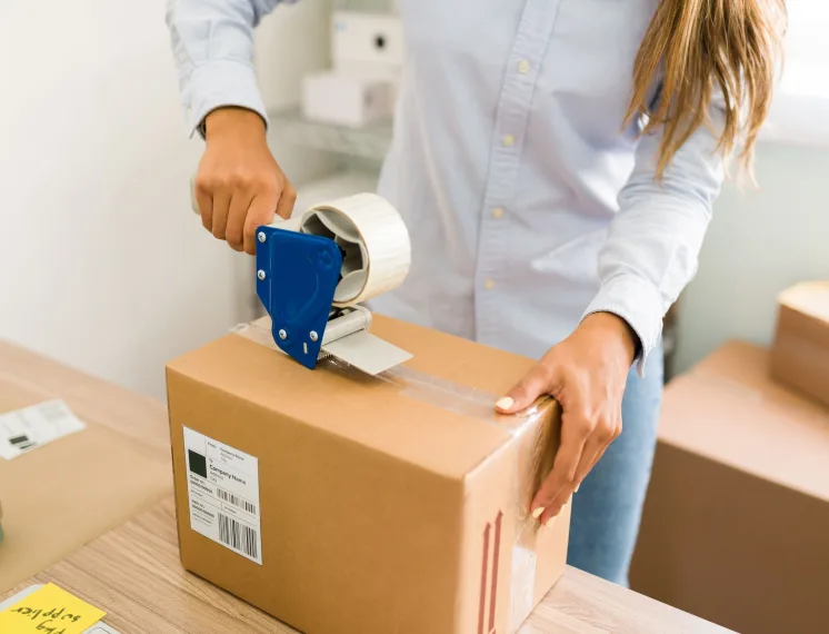 Pessoa fechando uma caixa de papelão com aplicador de fita adesiva transparente em um ambiente de trabalho.