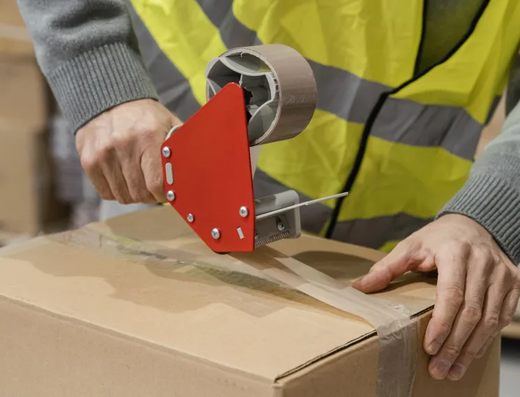 Aplicação de fita adesiva industrial em caixa de papelão com aplicador manual em ambiente logístico.