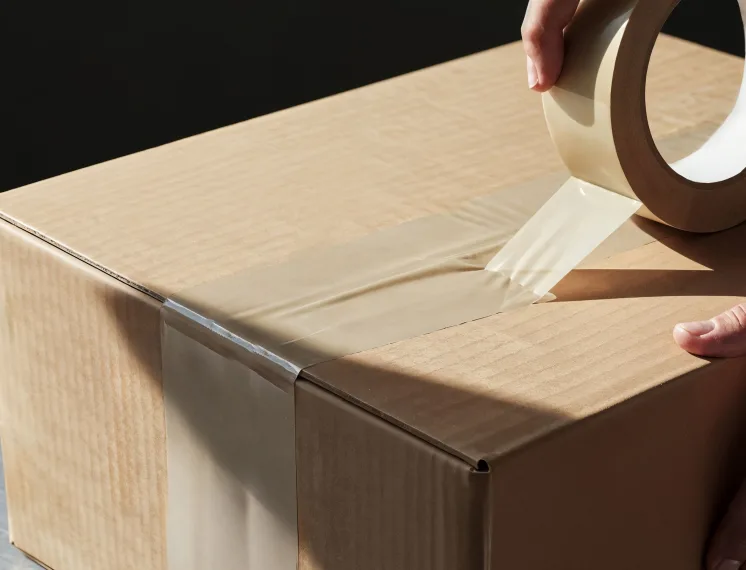 Aplicação de fita adesiva para embalagem em caixa de papelão, garantindo vedação segura para transporte.