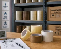 Rolos de fitas adesivas armazenados corretamente em ambiente organizado e protegido para aumentar a durabilidade.