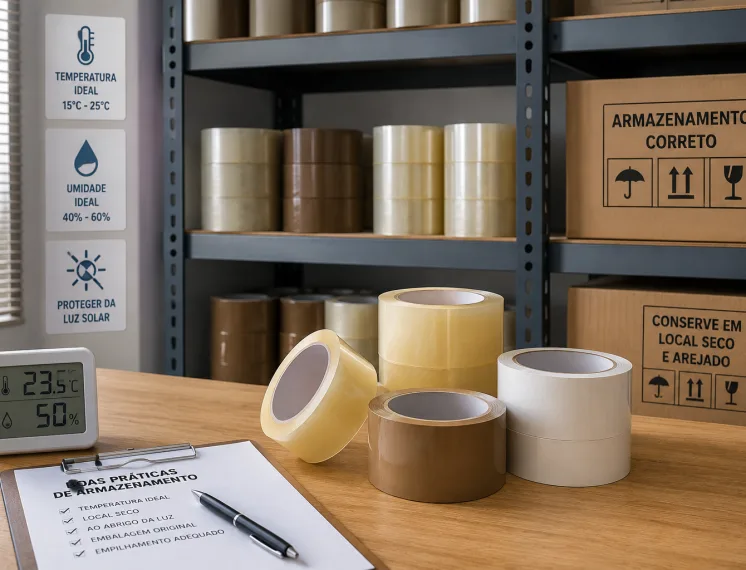 Rolos de fitas adesivas armazenados corretamente em ambiente organizado e protegido para aumentar a durabilidade.