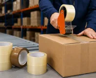 Aplicação de fitas adesivas para logística no fechamento de caixa de papelão em centro de distribuição.
