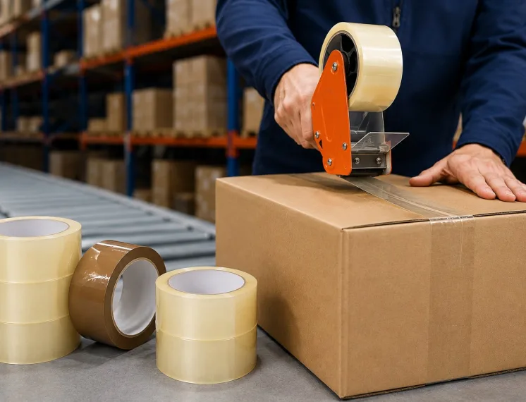 Aplicação de fitas adesivas para logística no fechamento de caixa de papelão em centro de distribuição.