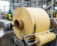 Equipamento fatiador de fitas adesivas para linha de montagem dividindo log industrial em rolos sob medida.