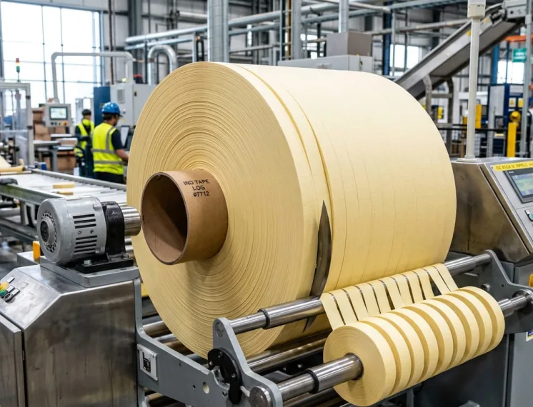 Equipamento fatiador de fitas adesivas para linha de montagem dividindo log industrial em rolos sob medida.