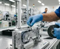Operador fabril destacando fitas adesivas recortadas sob medida no formato die-cut gabaritado para montagem de componente industrial.