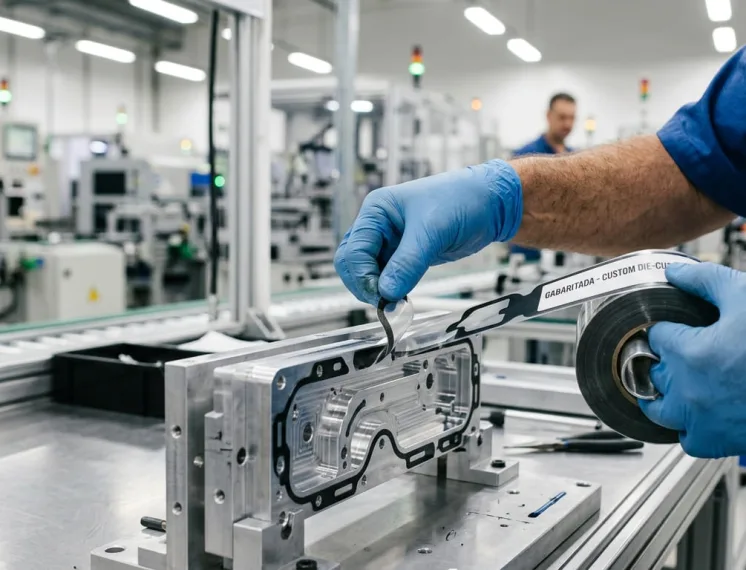 Operador fabril destacando fitas adesivas recortadas sob medida no formato die-cut gabaritado para montagem de componente industrial.