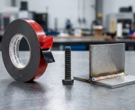 Rolo de fitas dupla face para substituição de parafusos ao lado de parafuso e peça metálica soldada sobre bancada industrial.