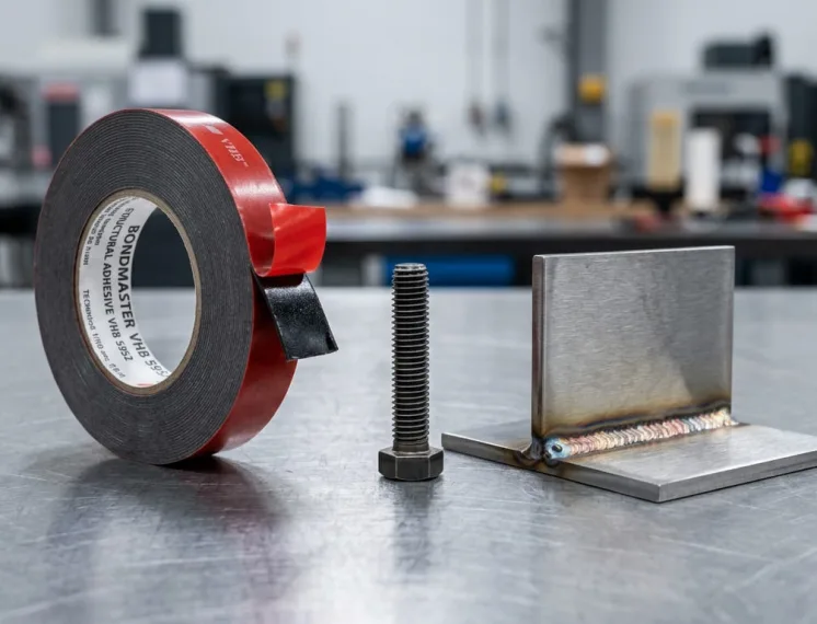 Rolo de fitas dupla face para substituição de parafusos ao lado de parafuso e peça metálica soldada sobre bancada industrial.
