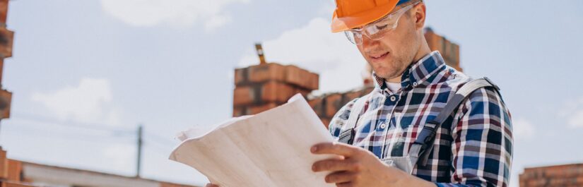 Engenheiro analisando projeto em obra, ilustrando o uso de peças técnicas na construção civil.