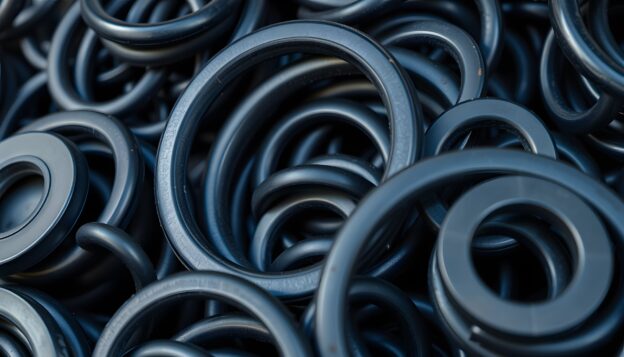 Peças técnicas em materiais flexíveis para vedação industrial, com anéis e juntas de borracha utilizados em aplicações mecânicas e industriais