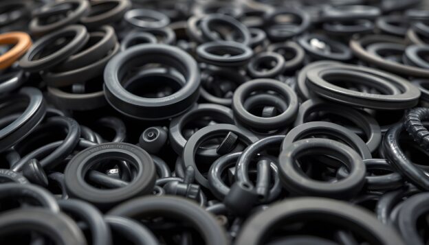 Peças técnicas em materiais flexíveis utilizadas em aplicações industriais, com foco em durabilidade e vida útil prolongada