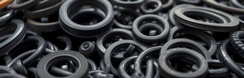 Peças técnicas em materiais flexíveis utilizadas em aplicações industriais, com foco em durabilidade e vida útil prolongada