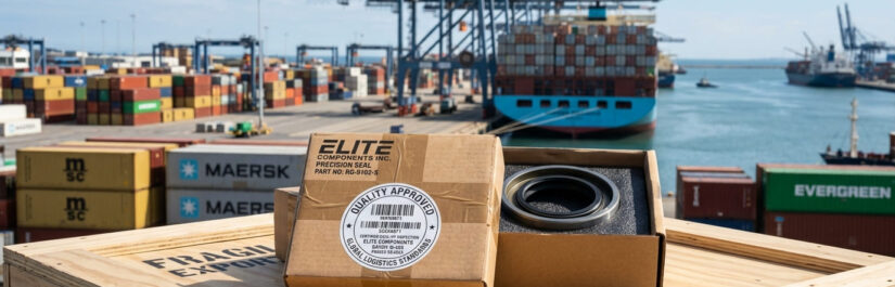 Caixas de um fornecedor de peças técnicas industriais com selo de qualidade aprovada sobre caixotes de exportação em terminal portuário.