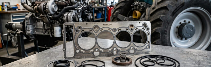 Juntas de vedação automotivas e agrícolas de metal e borracha posicionadas sobre bancada industrial ao lado de motor e trator.