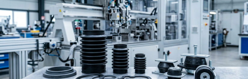 Peças técnicas em materiais flexíveis em elastômero e sanfonas de proteção dispostas sobre bancada industrial ao lado de instrumentos de medição.