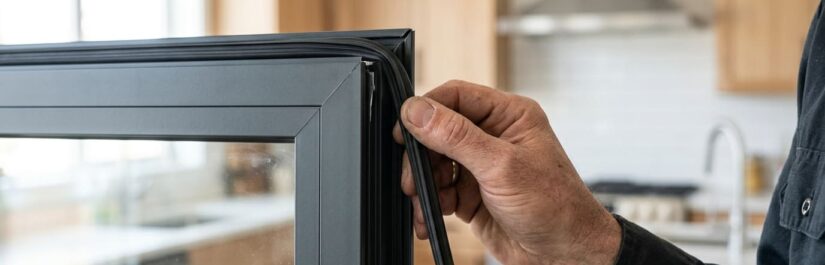 Perfis de borracha para isolamento sendo instalados manualmente no canto do caixilho de uma esquadria de janela.